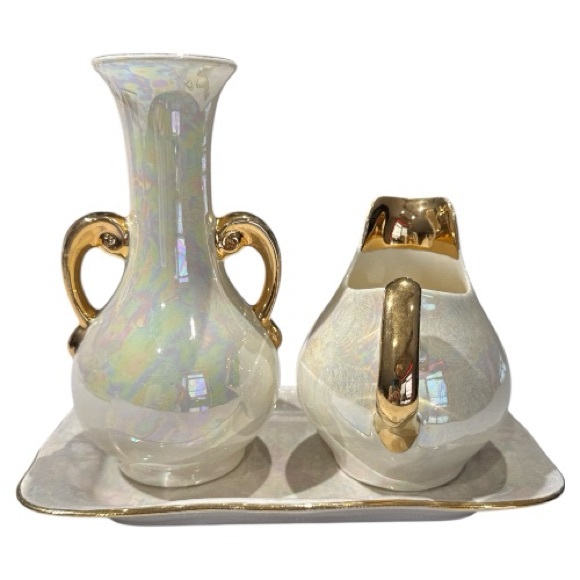 Pearl China Co Lusterware Hand Crafted 22K Gold USA Tray, Creamer, Vase - Picture 3 of 13